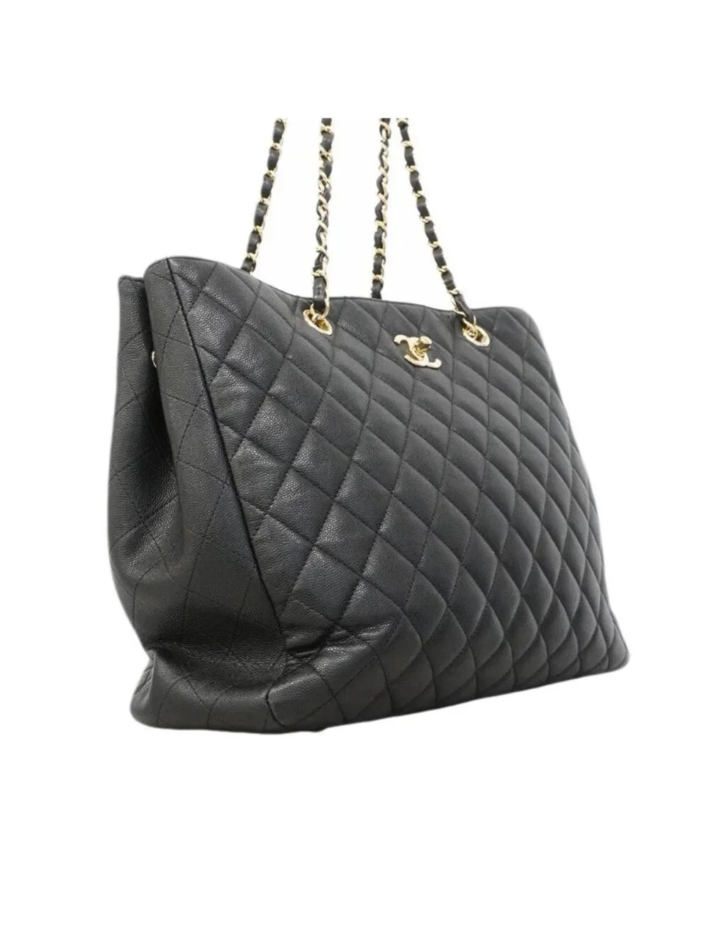 Chanel Chain Tote Quilted Caviar Leather Black Champagne Gold